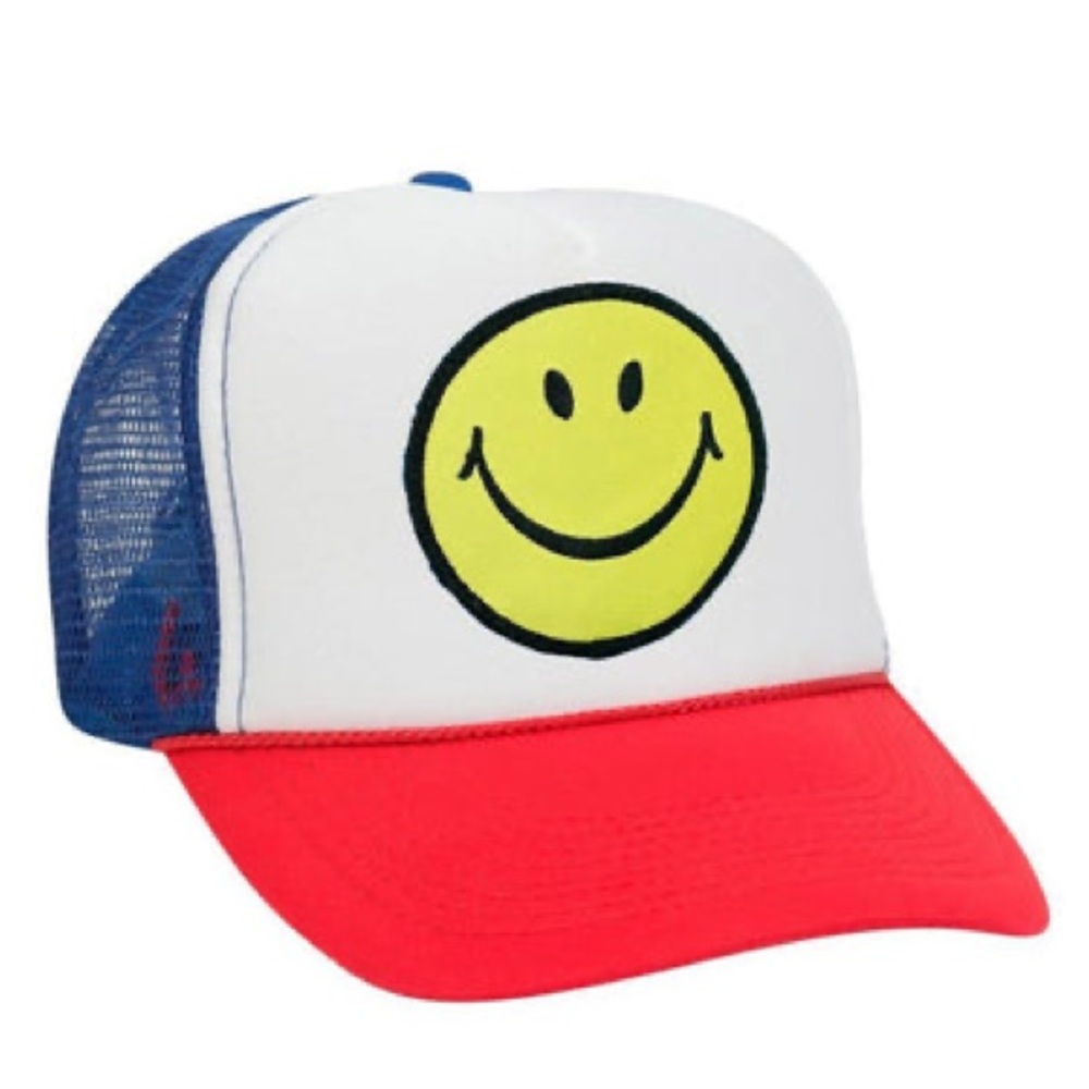 Aviator Nation White Blue Red Trucker Hat with Yellow Smiley Patch